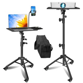 GZGDLJQ Projector Stand with Wheels, Laptop Tripod from 29" to 69" with Mouse Tray, Adjustable Height DJ Racks Stands with Gooseneck Phone Holder, for Office, Home, Stage, Studio, 1 Pack Black