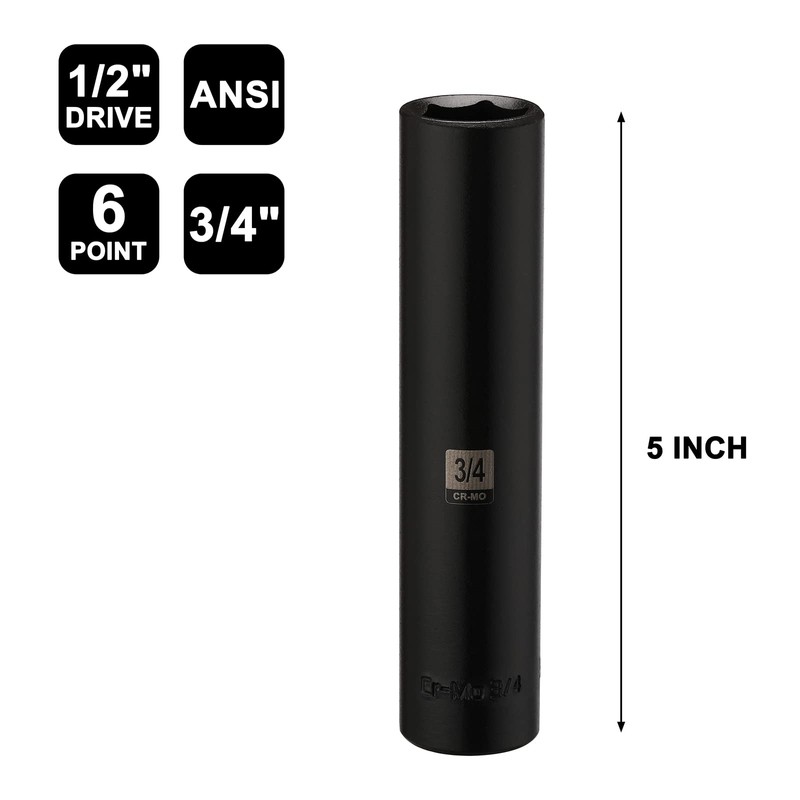 Mayouko 1/2" Drive 3/4" Extra Long Deep Impact Socket, CR-MO,