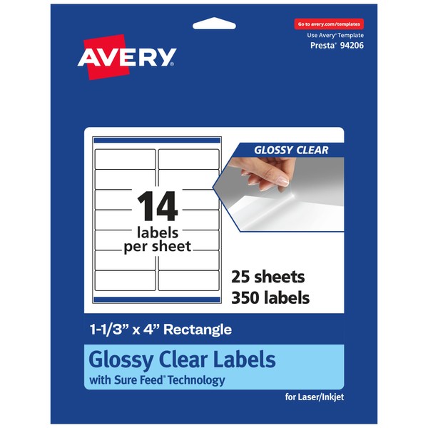 Avery Glossy Clear Rectangle Labels with Sure Feed, 1-1/3" x