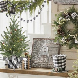 Vofuly 24 inch prelit Tabletop Mini Christmas Tree with 50 LED,Small Frosted Lighted Artificial Pine Tree with Buffalo Plaid Base,Pinecone Decoration,2 FT Miniature Xmas Tree Decor for Entry Door