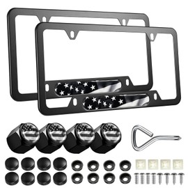 Black American Flag License Plate Frames - 2 Pack Patriotic Aluminum Metal Flying US Flag Car Tag Plate Frame Holder Covers with 4 Fluttering Flag Car Valve Caps and Screws