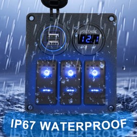3 Gang Switch Panel, EilxMag Blue Marine Rocker Switch Panel Waterproof with 12V/24V Dual USB Slot Socket Voltmeter for Car Marine Boat Truck