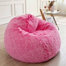 LIFEREVO Fluffy Faux Fur Bean Bag Chair Cover (No Filler), Ultra-Soft Stuffed Animal Storage Bean Bag for Kids Girls, Cozy Furry Beanbag Cover for Living Room Bedroom, Anti-Slip (Ombre Hot Pink)
