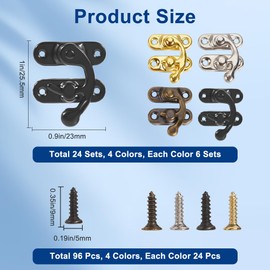 CRASPIRE 24 Sets 4 Colors Vintage Lock Clasp 23 x 25.5mm Black Gold Mini Swing Arm Clasp Latch Right Toggle Hasp Hook with Screws Metal Catch Curved Buckle for Suitcase Jewelry Box Toolbox