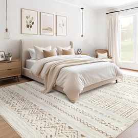 Large Living Room Area Rug 9x12: Soft Machine Washable Boho Moroccan Farmhouse Rugs for Bedroom Under Dining Table - Non-Slip Neutral Morden Indoor Floor Rug Carpet for Home Office Decor - Brown/Cream