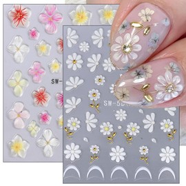 2sheets 5D Embossed Flower Nail Stickers for Nail Art Self Adhesive Daisy Nail Art Stickers White Flowers Nail Decals Supplies Ice Through Hibiscus Floral Nail Design Stickers for Women Girl