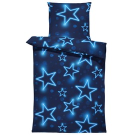 one-home Stars Bed Linen Set 135 x 200 cm Star Stars Dark Blue Light Look Microfibre
