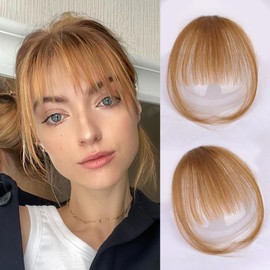 QGZ Clip in Bangs Fake Bangs Hair Clip Fringe with Temples Hairpieces 100% Real Human Hair Extensions Curved Clip On Bangs for Women(Light Brown Air Bangs)