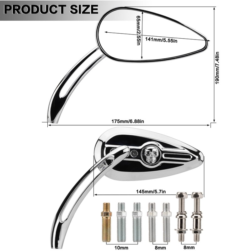 RIDLOG Universal Motorcycle Skull Teardrop Rearview Side Mirrors, 8mm &