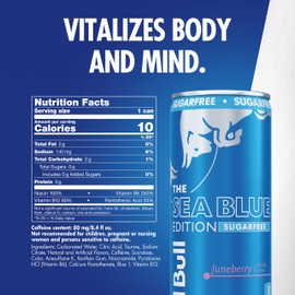 Red Bull Red Bull Sea Blue Edition Sugar Free Energy Drink, Juneberry, 8.4 fl. oz., 6 x 4 Cans, Pack of 24 Cans, with 80mg Caffeine, Taurine & B Vitamins