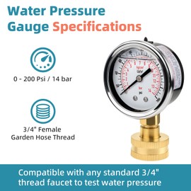 Home Water Pressure Gauge Kit - Glycerin Filled Gauge with 5 Adapters for Multiple Purpose Water Pressure Test - Standard 3/4" Female Garden Hose Thread, 0-200 Psi