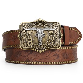 TRIWORKS Western Belt for Men Women Cowboy Leather Belt Western Buckle Belt Western Engraved Belt Embossed Leather Belt