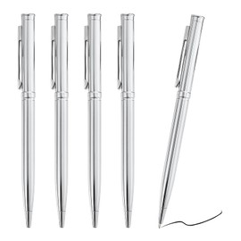 5Pcs Quality Luxury Metal Ballpoint Writing Pens, 1.0mm Black Gel Ink Rotary Retractable Business Slim Pen with Steel Clip for Christmas Colleague Office Teacher Student Hotel Wedding Gift (Silver)
