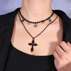 MILAKOO Multi-layered Beads Choker Necklace Cross Crucifix Chain Necklace for Prayer Meditation Gothic Style
