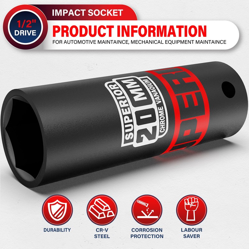 Aiourx 1/2" Drive Impact Socket, 20 mm Deep Socket, Metric,