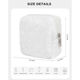 KOTORA Puffer Makeup Bags for Women,Cotton Quilted Makeup Bag Cosmetic Bag, Travel Toiletry Bag for Women, Cute Makeup Bag Organizer Puffy Makeup Pouch Bag for Women Travel Essentials, White, Puffer