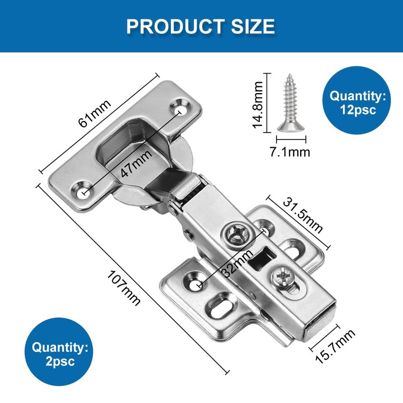 Cabinet Hinges, Pack of 2 Pot Hinges, Soft Close Hinge