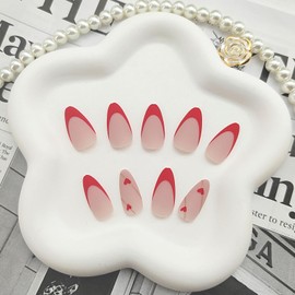Valentine's Day Press on Nails Medium Almond Fake Nails with Red Heart & Golden Lines Designs Red French Tip Nails Press ons Matte Glue on Nails Full Cover Stick on Nails for Women 24Pcs