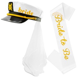 KICOSY Bride Captain Hat with Veil & Bride to Be Sash Set - Beach Bachelorette Party, Wedding Day, Bridal Shower & Pre - wedding Photoshoot