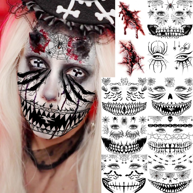 10 Sheets Scary Face Tattoos Halloween Temporary Tattoos Horrible Stitch