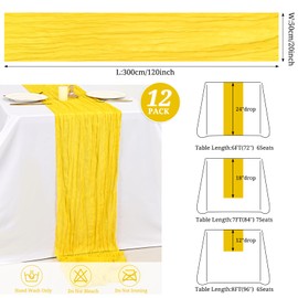 12 Pack Yellow Cheesecloth Table Runner,Sheer Table Runner,10FT Gauze Boho Table Runner 20x120inch Rustic Table Runner for Wedding Party Bridal Shower Thanksgiving Christmas Decorations