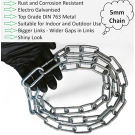 Heavy Duty Rust and Corrosion Proof Galvanised Metal Link Chain Stainless Steel for Bike Lock Padlock Security Gate Fence Gym Weight Lifting Extra Strong Long Length Welded (5MM, Chrome, 1 Metre)