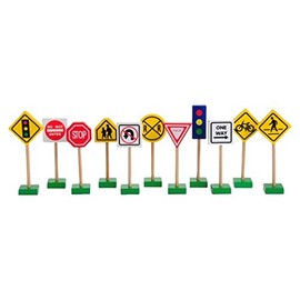 Constructive Playthings Miniature Wooden Road Signs for Kids, Set of 11, 7 1/4 Inch, Age 3+