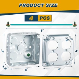 Copkim 4 Packs 4" Square Metal Receptacle Electrical Box with Exposed Work Cover Grounding Wire and Screw Galvanized Steel Metal Junction Box Ten 1/2'' and Six 3/4'' Knockouts (2 Duplex)
