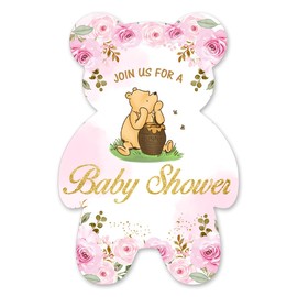 brayqu Winnie the Pooh Girl Baby Shower Invitations Pink Floral Pooh Bear Baby Shower Party Bear Shaped Invitations Fill-in Invites (20 Invitations with Envelopes)