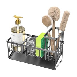 Sink Organiser with Drip Tray Inclined,Dish Soap Sponge Holder, Kitchen Bathroom Stainless Steel Sink Caddy,with Cleaning Towel Rod