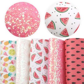 David Angie Summer Fruits Faux Leather Sheet Glitter Synthetic Leather Fabric Assorted 5 Pcs 7.7" x 12.9" (20 cm x 33 cm) for Hair Bows Headbands Making