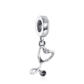 Annmors Jewelry Stethoscope Dangle Cubic Zirconia Charm 925 Sterling Silver for Woman Beads for Women European Bracelet&Necklace T491