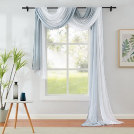 1 Piece Ombre Chiffon Sheer Window Scarf Valance Curtain 18ft for Living Room Bedroom Decor, 216 Inch Long Crinkle Soft Window Sheer Voile Valance for Holiday, Wedding Party Decor, Grey, 52"W