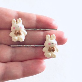 Cream Kawaii Teddy Bear Style Bunny Rabbit Bobby Pins, Bunny Hair Clips, Rabbit Hair Accessories Handmade