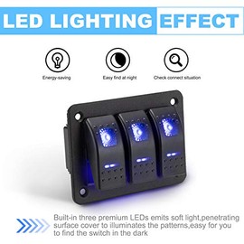 BUNKER INDUST BUNKER INDUST 3 Gang Rocker Switch Aluminum Panel with Blue LED Light Waterproof 5 Pin On Off Toggle Switches for 12V/24V Marine Boat RV Truck Car ATVs