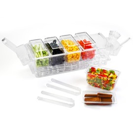 Condiment Server Caddy with 5 Compartments,Detachable Condiment Tray with Separate Lids,Ice Chilled Condiment Caddy for Parties,with 2 Side Bins,Tongs, Spoons, Forks