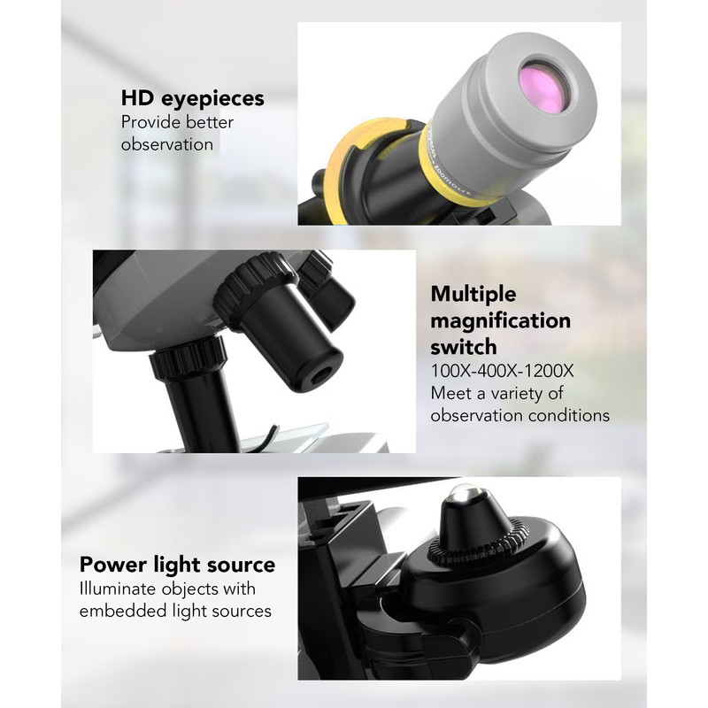 Kids Microscope Kit LED 1200X Microscope with Specimen Slides Science