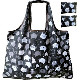 HAPPYHEIDI - Paquete de 2 bolsas grandes plegables reutilizables para la compra, bolsas de playa, asas largas, bolsa plegable, resistente, tela de nailon lavable, lindos gatos negros, Paquete de 2