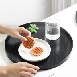 Round Wood Serving Tray, Solid Wooden Decorative Tray Non-Slip Tea Coffee Table Tray Snack Plate Food Meals Serving Tray with Raised Edges for Home Decor Kitchen Restaurant(11.8inch/30cm, Black)