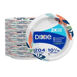 Dixie Platos de papel grandes, 10 pulgadas, 204 unidades, 2 veces más fuertes, aptos para microondas, a prueba de remojos, resistentes a cortes, plato