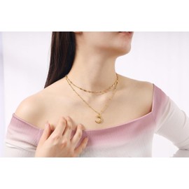 MILAKOO 2Pcs Layered Gold Necklace for Women Dainty Moon Pendant, Star & Love Heart Shape Chains Ball Bead Link Necklace