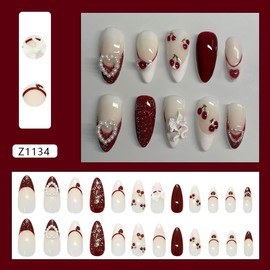 Mkwntg 24Pcs French Tip Red Glitter Press on Nails Medium Almond Fake Nails with 3D Bow Heart Pearl Design Gradient Retro Cherry Full Cover Glossy Acrylic Glue on Nails for Women Romantic Valentine