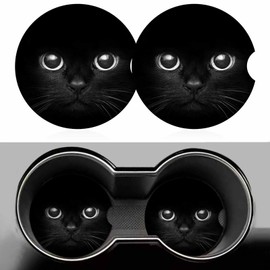 Black Cat 2 Pack Car Cup Holder Coaster Cool Cat Head on Black Anti Slip Insert Absorbent Ceramic Car Coaster with Cork Base and Finger Notch Cute Car Accessories Interior for Women Men