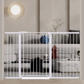 Fairy Baby 38" Extra Tall Baby Gate for Stairs and Doorways, 59.9"-65.3" Extra Wide Long Pet Gate, Metal Auto Close Safety Child Gate Fence for Puppy Pet, Pressure Mounted Walk Through Gate, White
