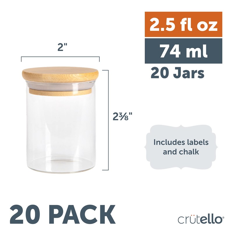 Crutello 20 Pack 2.5 Oz Mini Spice Jars with Bamboo
