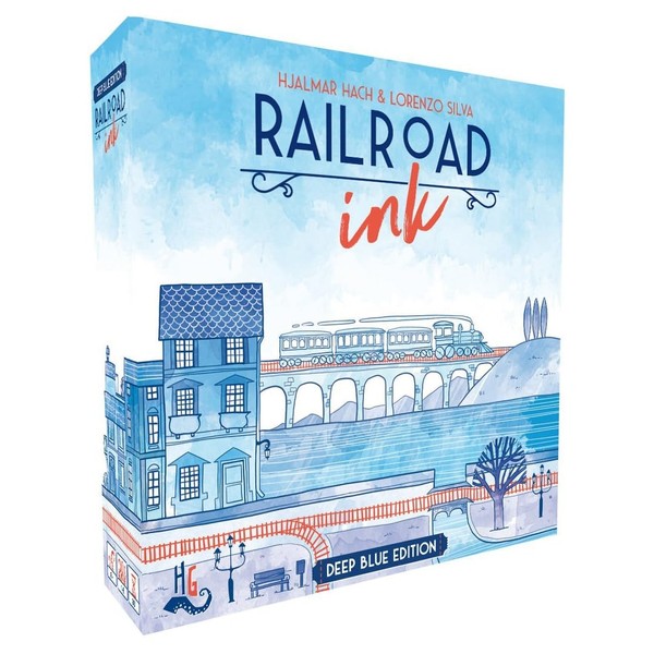 Horrible Guild Railroad Ink: Deep Blue Edition - Roll Dice and Draw Railways and Routes, 7 Rounds to Expand Your Rail Map - Expansion Dice Included Ages 8 & Up (Packaging may vary)