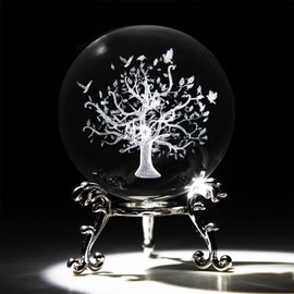 60mm Tree of Life Crystal Ball with Stand 3D Laser Engraved Life Tree Figurine Crystal Paperweight Decoraive Quartz Glass Ball Sphere Home Decor Table Craft