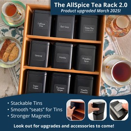 AllSpice Tea Organizer Rack with 9 Tins & 160 Magnetic Labels – Perfect for Bagged & Loose Leaf Tea Organization - Cherry