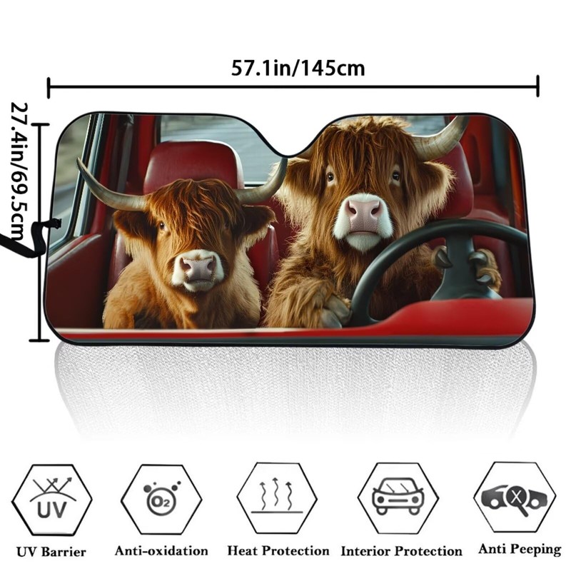 TOADDMOS Funny Highland Cow Driver Car Windshield Sun Shade Universal