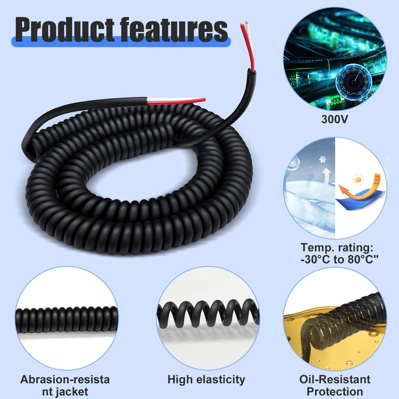 Coil Cord, 2 Conductor Wire, 18AWG/2, Retractable Spring Coiled Extension